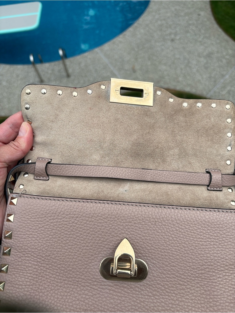 Tan Valentino Garivani Small Rockstud Calfskin Crossbody Bag - Picture 12 of 15